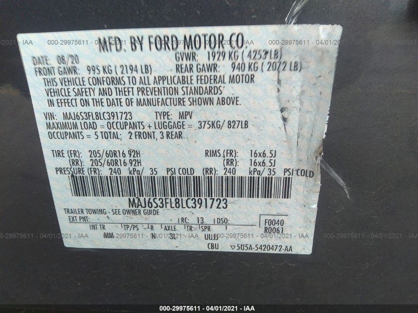 2020 FORD ECOSPORT S MAJ6S3FL8LC391723