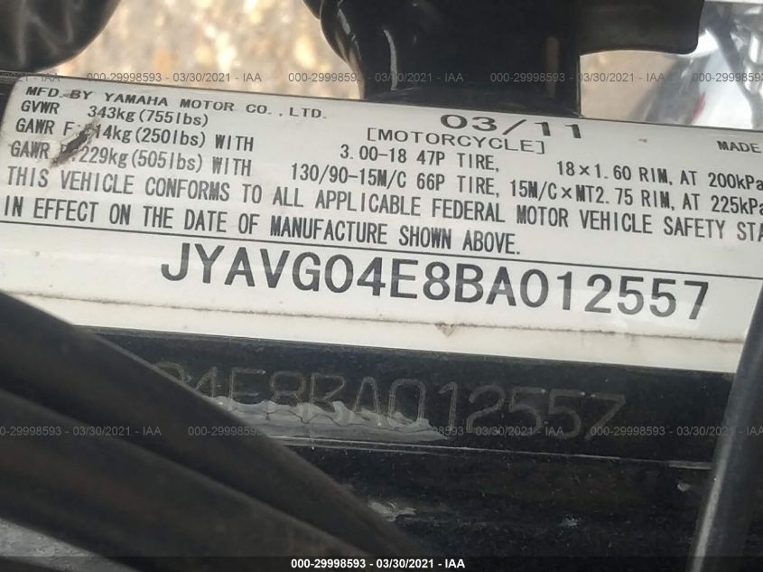 2011 YAMAHA XV250 JYAVG04E8BA012557