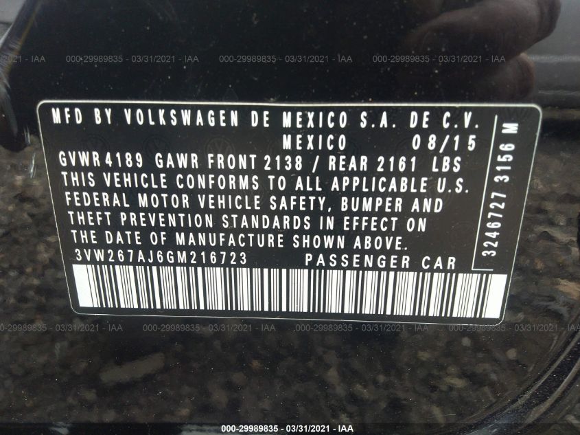 2016 VOLKSWAGEN JETTA SEDAN 1.4T S 3VW267AJ6GM216723