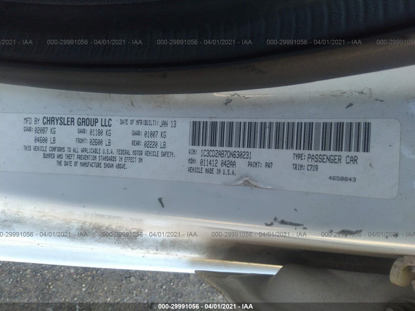 2013 DODGE AVENGER VIN: 1C3CDZAB7DN630231