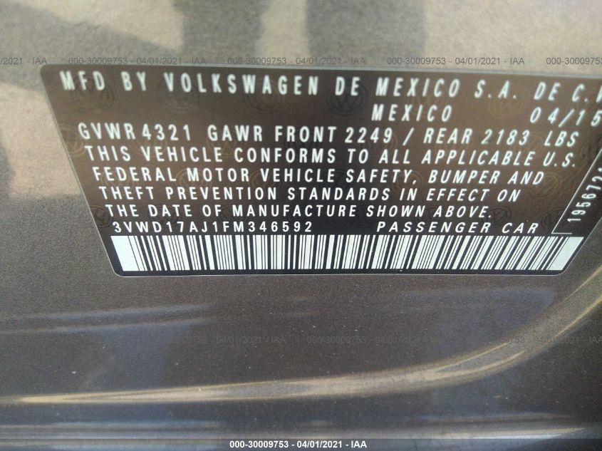 2015 VOLKSWAGEN JETTA SEDAN 1.8T SE W/CONNECTIVITY 3VWD17AJ1FM346592