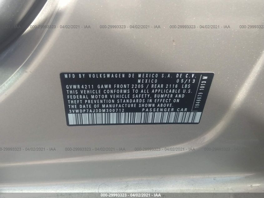 2013 VOLKSWAGEN JETTA SEDAN SE 3VWDP7AJ3DM300712