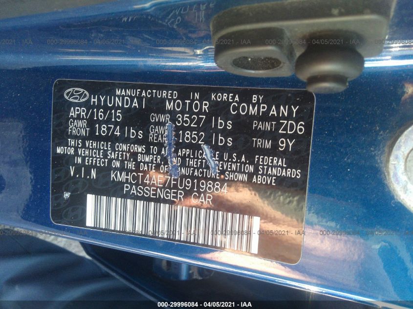 2015 HYUNDAI ACCENT GLS KMHCT4AE7FU919884