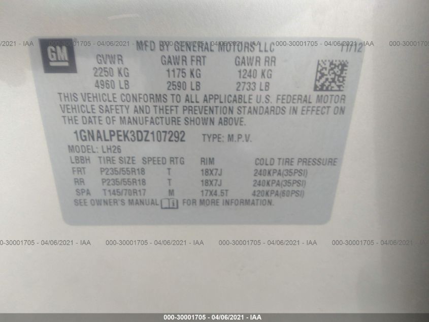 2013 CHEVROLET EQUINOX LT 1GNALPEK3DZ107292
