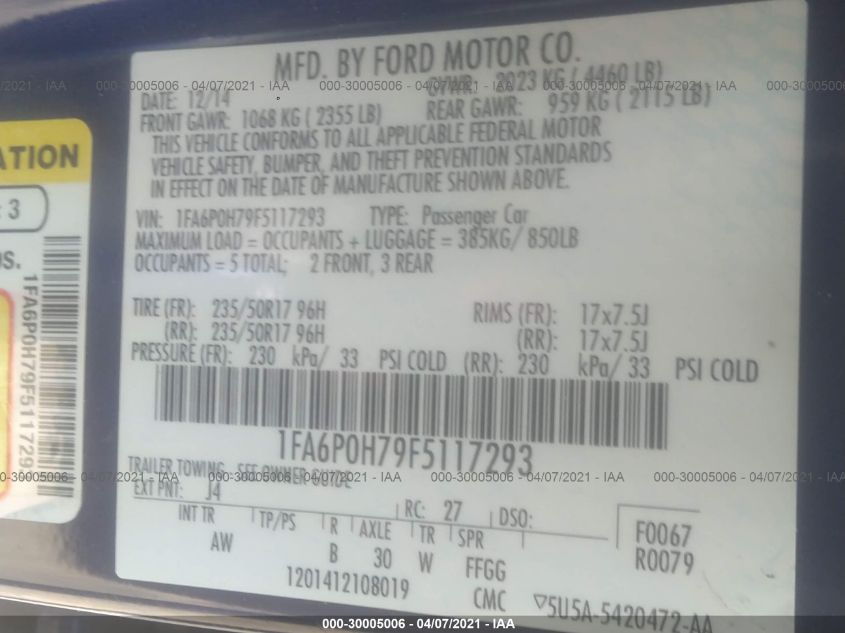 2015 FORD FUSION SE 1FA6P0H79F5117293