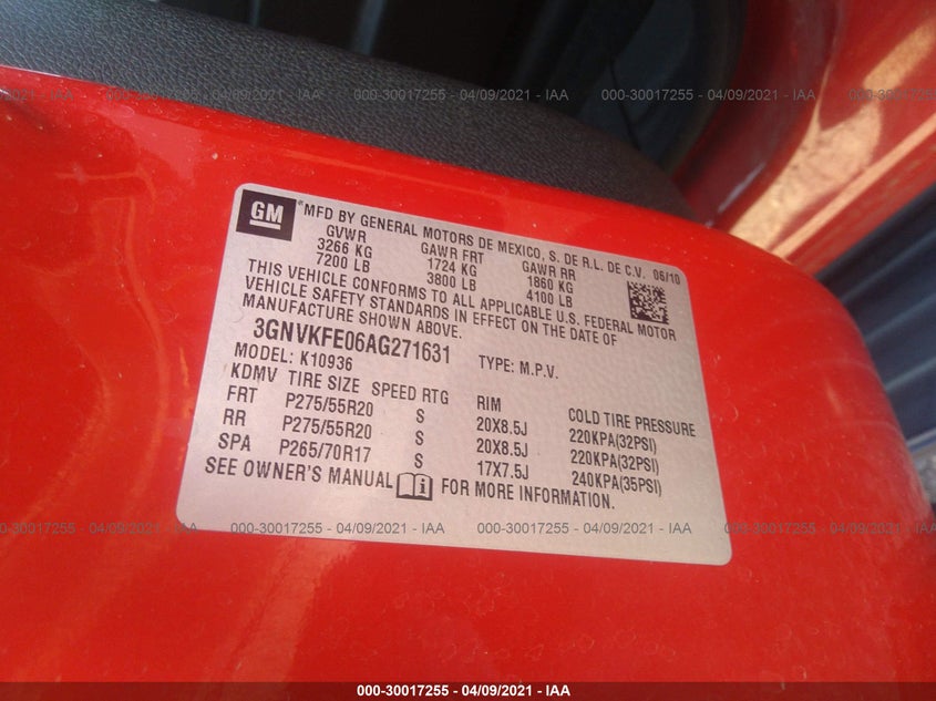 2010 CHEVROLET AVALANCHE 1500 VIN: 3GNVKFE06AG271631