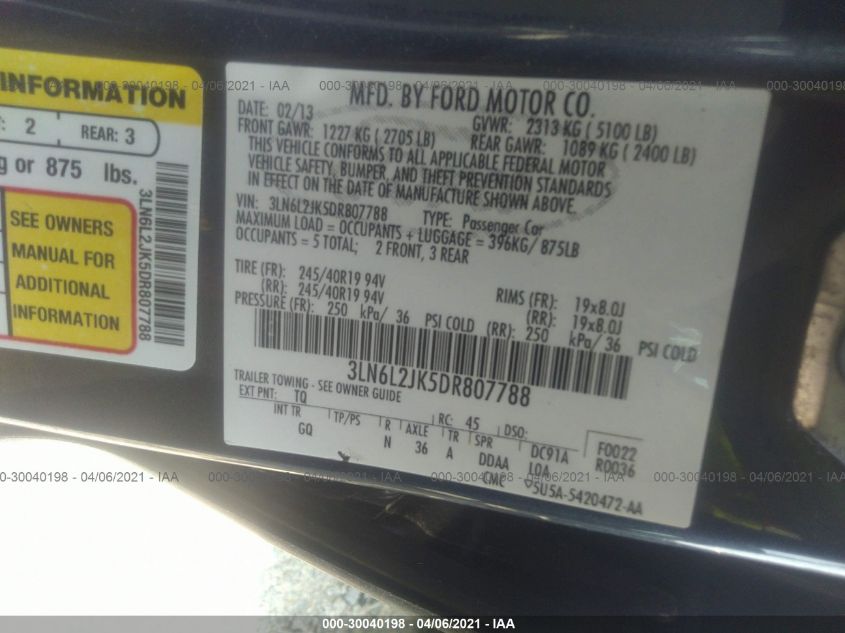 2013 LINCOLN MKZ 3LN6L2JK5DR807788