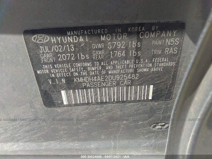 2013 HYUNDAI ELANTRA GLS PZEV KMHDH4AE2DU925482