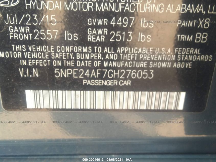 2016 HYUNDAI SONATA 2.4L SE 5NPE24AF7GH276053