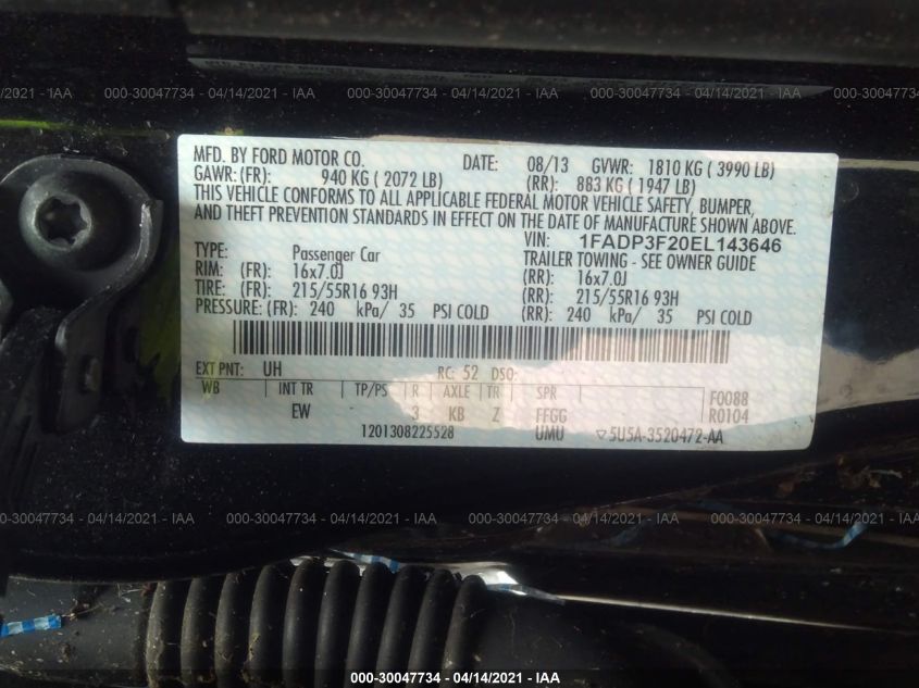 2014 FORD FOCUS SE 1FADP3F20EL143646