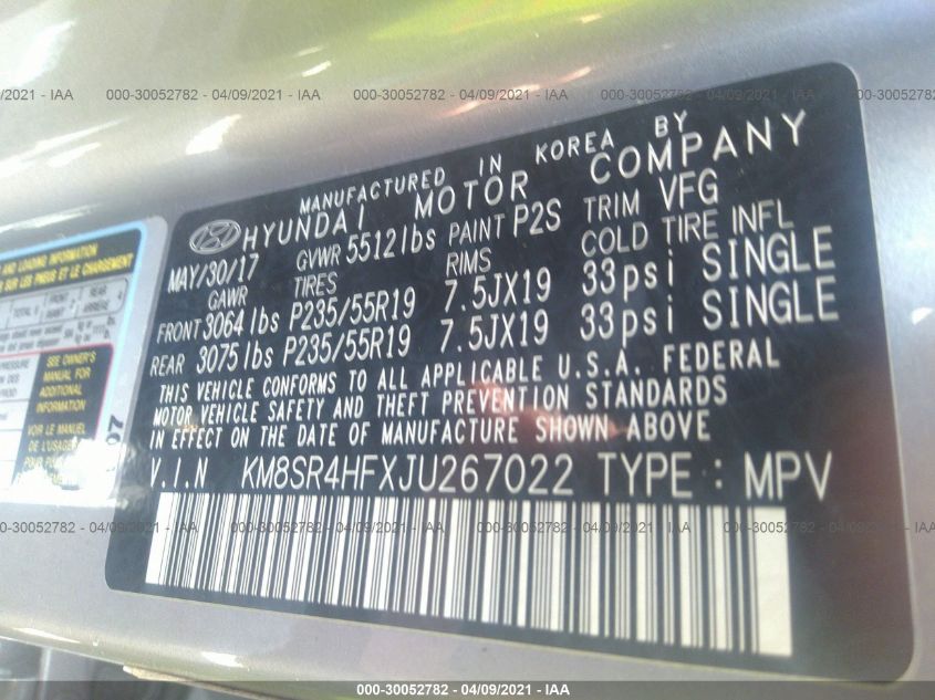 2018 HYUNDAI SANTA FE LIMITED ULTIMATE KM8SR4HFXJU267022