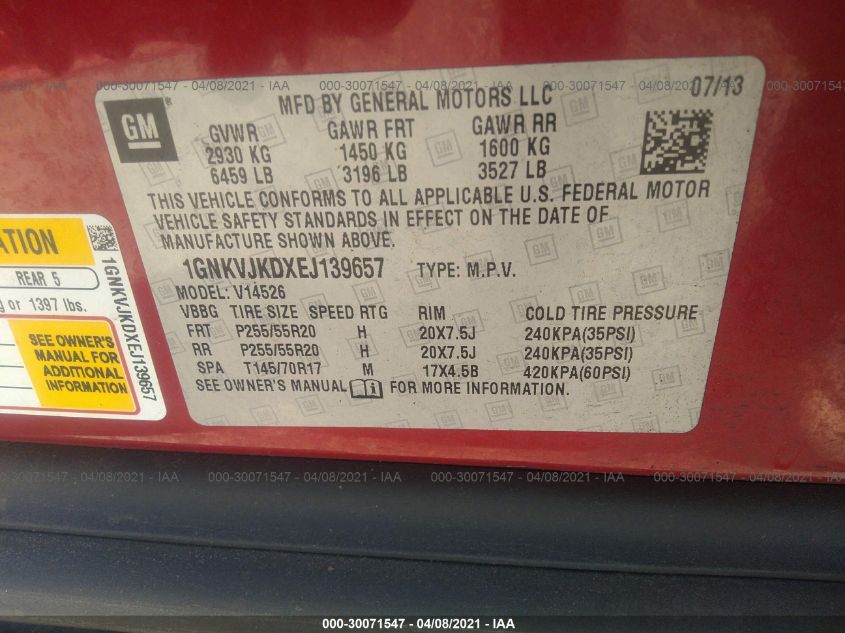 2014 CHEVROLET TRAVERSE LTZ 1GNKVJKDXEJ139657