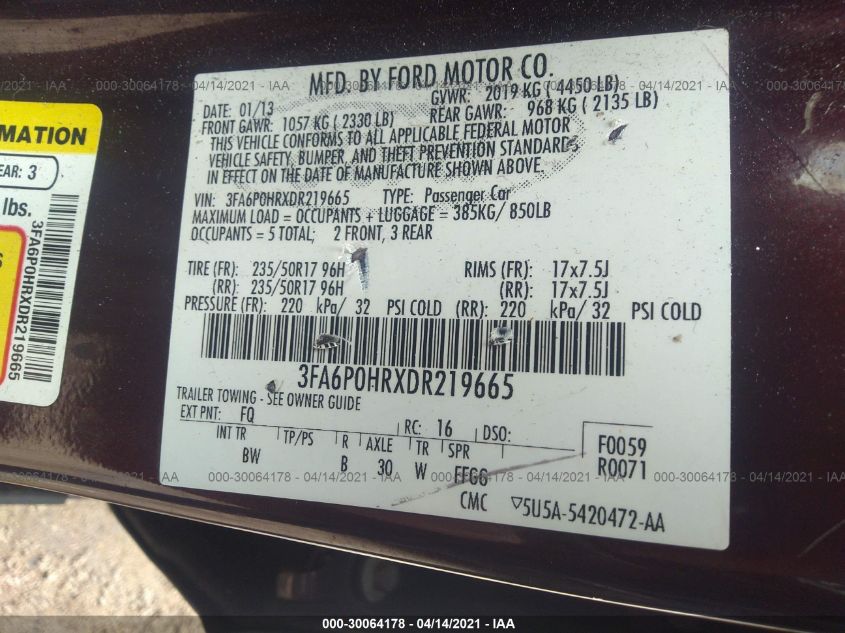2013 FORD FUSION SE 3FA6P0HRXDR219665