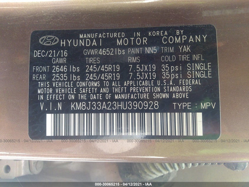 2017 HYUNDAI TUCSON VIN: 5N1AT2MV3HC734487