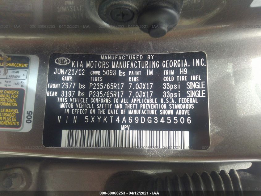 2013 KIA SORENTO LX 5XYKT4A69DG345506