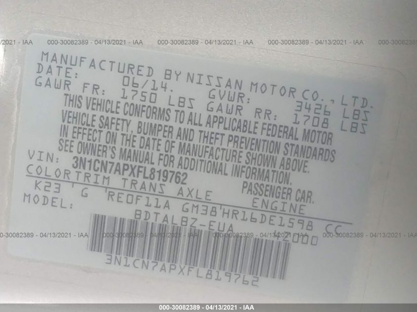 2015 NISSAN VERSA SV - 3N1CN7APXFL819762