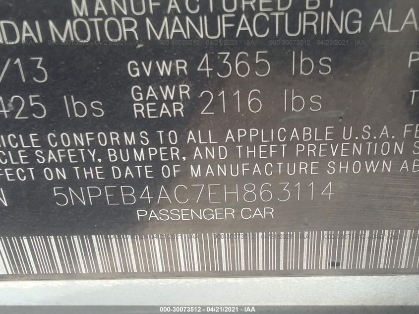 2014 HYUNDAI SONATA GLS 5NPEB4AC7EH863114