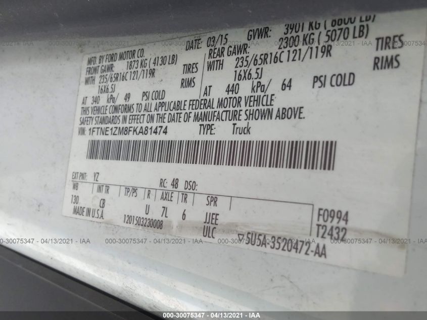 2015 FORD TRANSIT CARGO VAN 1FTNE1ZM8FKA81474