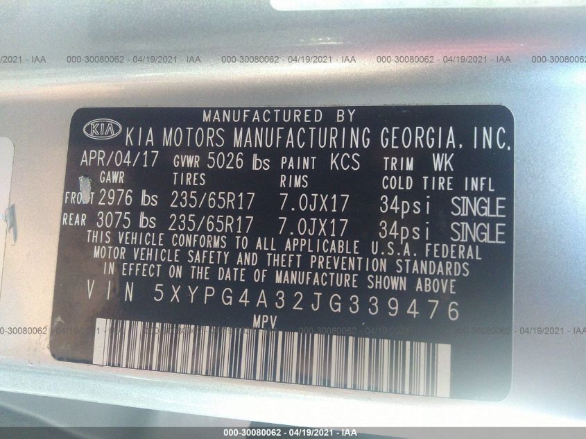 2018 KIA SORENTO LX 5XYPG4A32JG339476