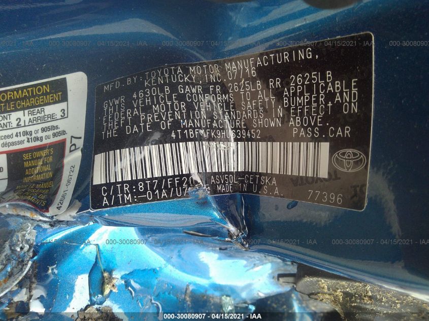 2017 TOYOTA CAMRY XLE/SE/LE/XSE 4T1BF1FK9HU639452