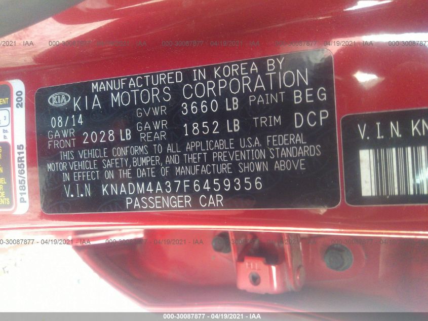 2015 KIA RIO LX KNADM4A37F6459356
