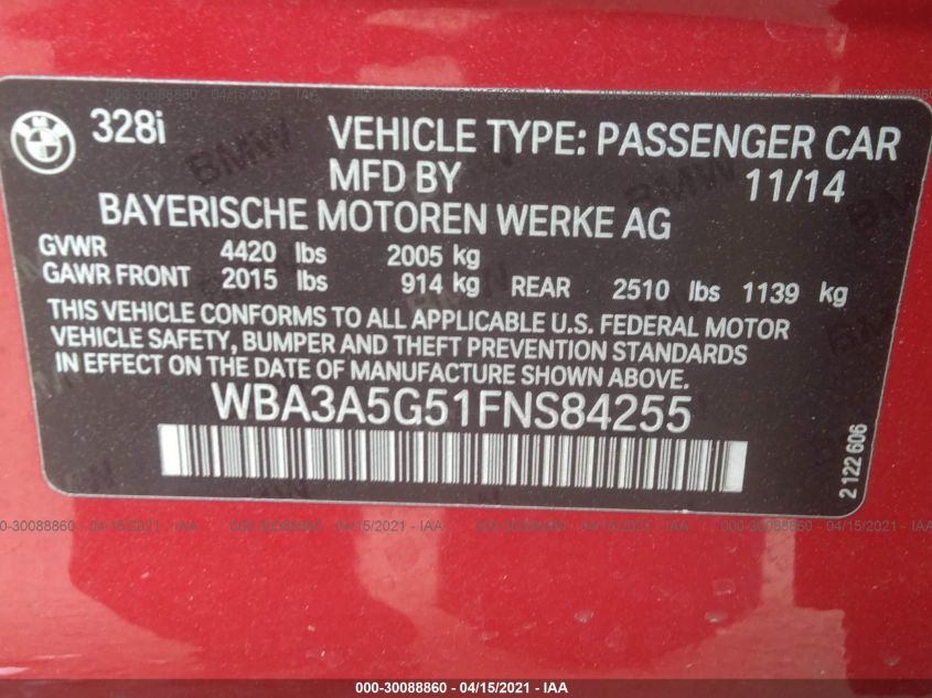 2015 BMW 3 SERIES 328I WBA3A5G51FNS84255