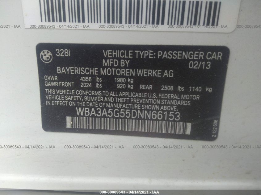 2013 BMW 3 SERIES 328I WBA3A5G55DNN66153