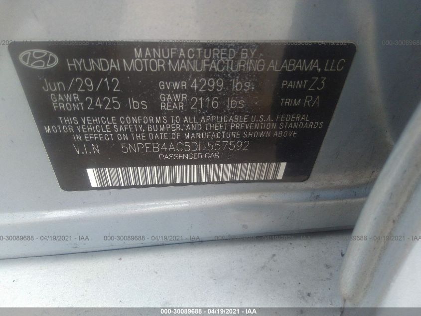 2013 HYUNDAI SONATA GLS PZEV 5NPEB4AC5DH557592