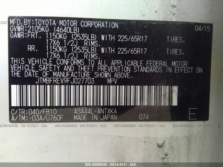 2015 TOYOTA RAV4 LE JTMBFREV9FJ027703