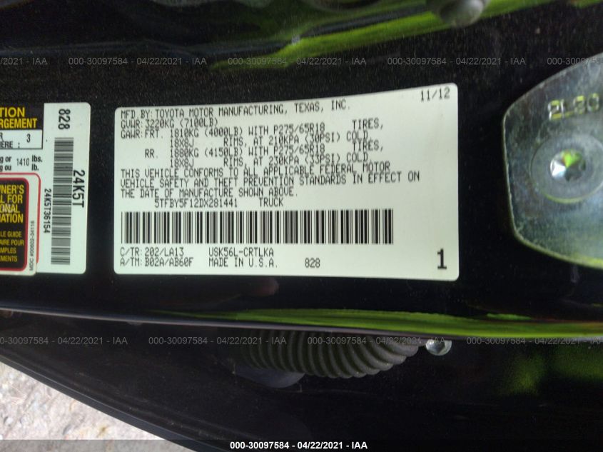 2013 TOYOTA TUNDRA 4WD TRUCK LTD 5TFBY5F12DX281441