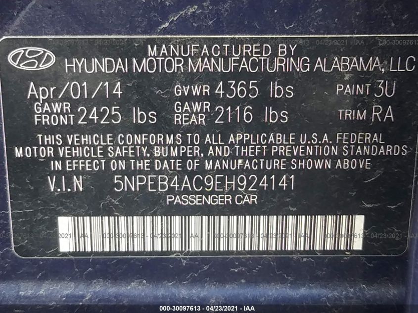 2014 HYUNDAI SONATA GLS 5NPEB4AC9EH924141