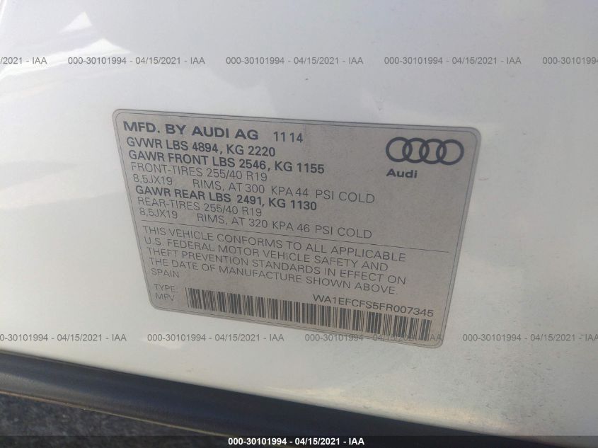2015 AUDI Q3 2.0T PREMIUM PLUS WA1EFCFS5FR007345