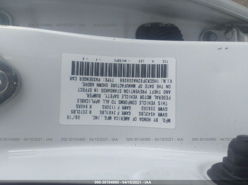 2017 HONDA ACCORD SEDAN TOURING 1HGCR3F92HA008098