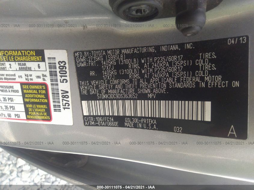 2013 TOYOTA SIENNA LE 5TDKK3DC9DS363652