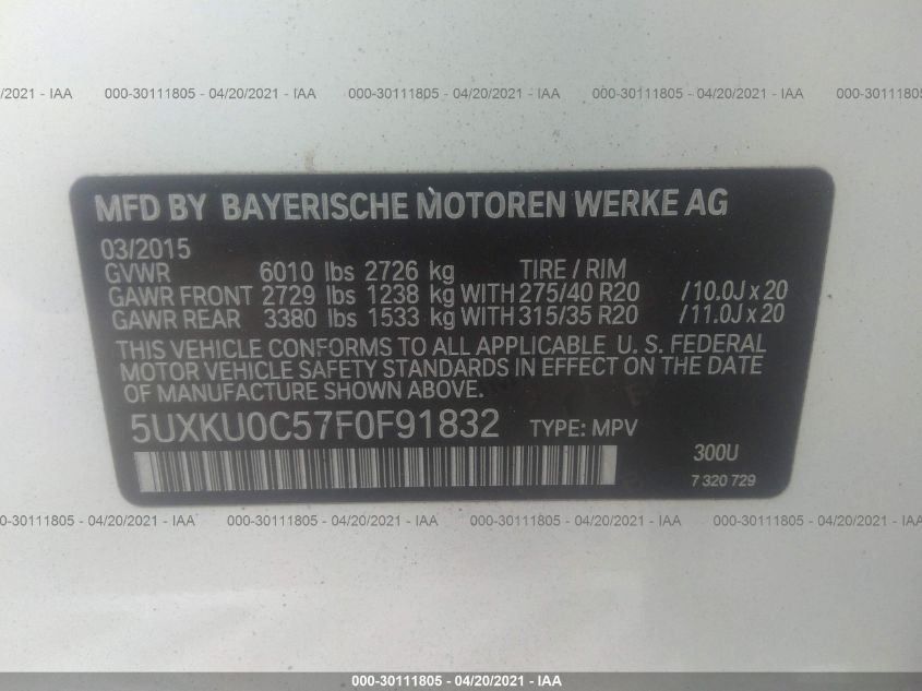 2015 BMW X6 SDRIVE35I 5UXKU0C57F0F91832