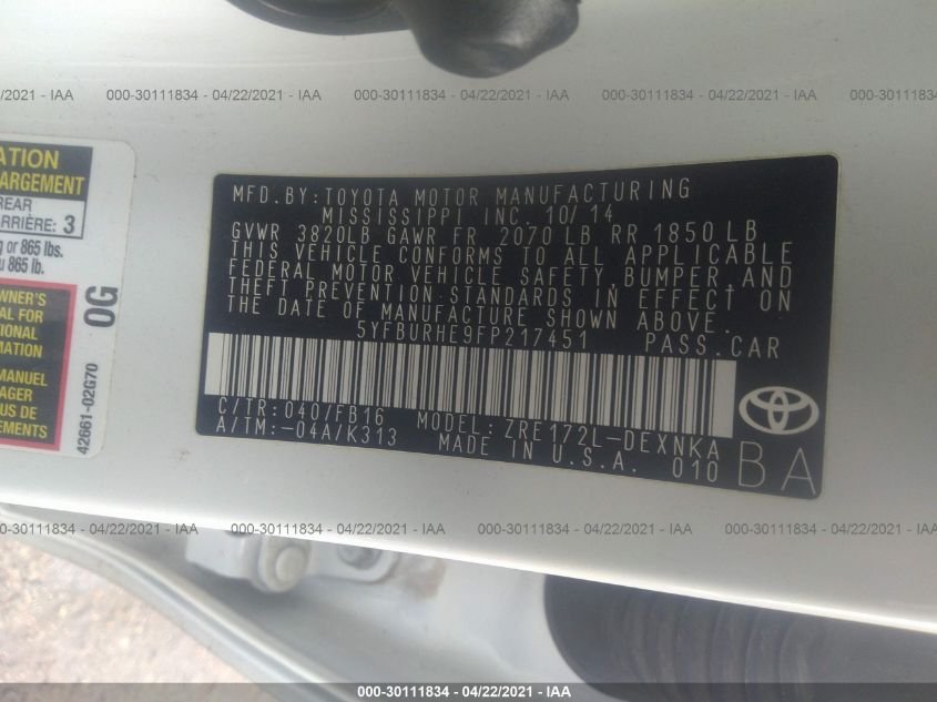 2015 TOYOTA COROLLA L/LE/S/S PLUS/LE PLUS 5YFBURHE9FP217451