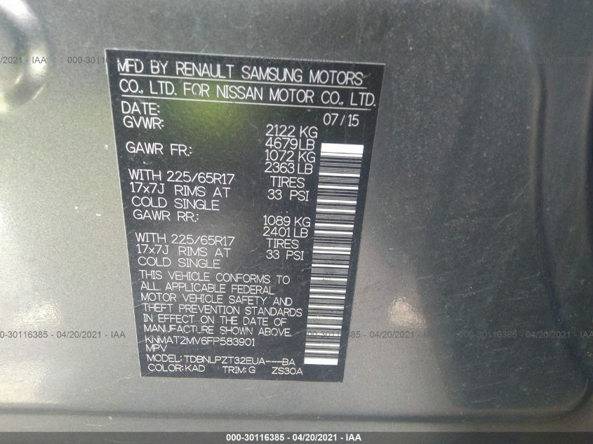 2015 NISSAN ROGUE S KNMAT2MV6FP583901
