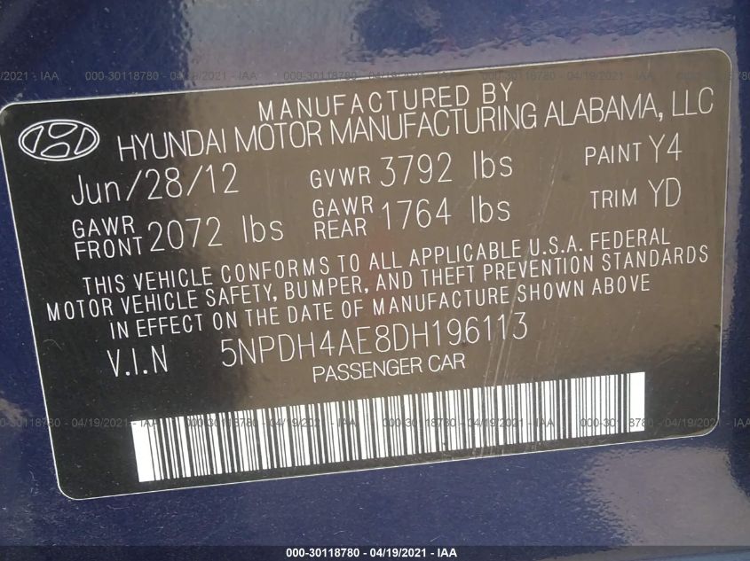 2013 HYUNDAI ELANTRA GLS 5NPDH4AE8DH196113