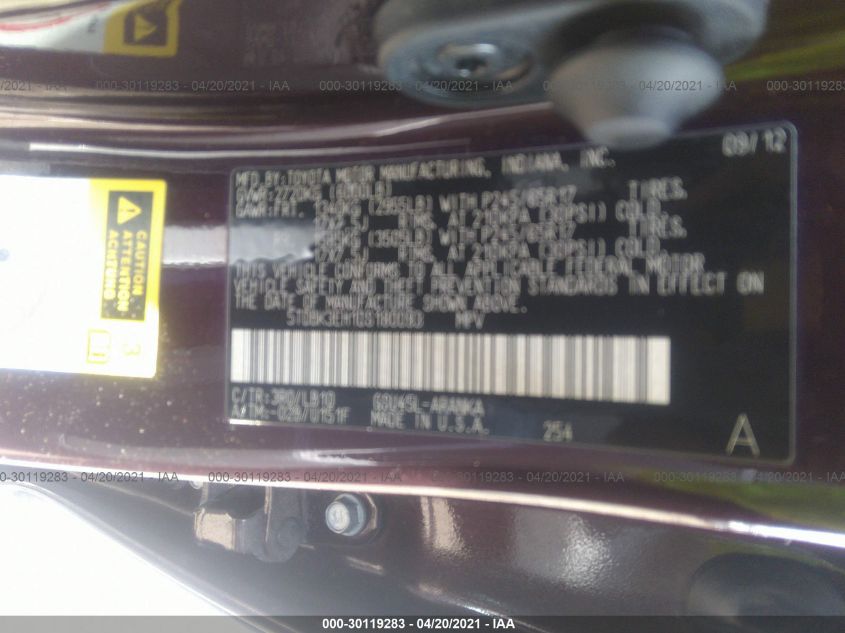 2013 TOYOTA HIGHLANDER SE V6 5TDBK3EH1DS180093