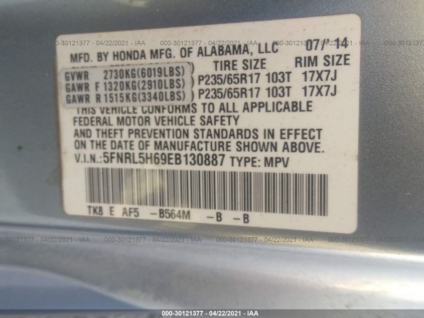 2014 HONDA ODYSSEY EX-L 5FNRL5H69EB130887