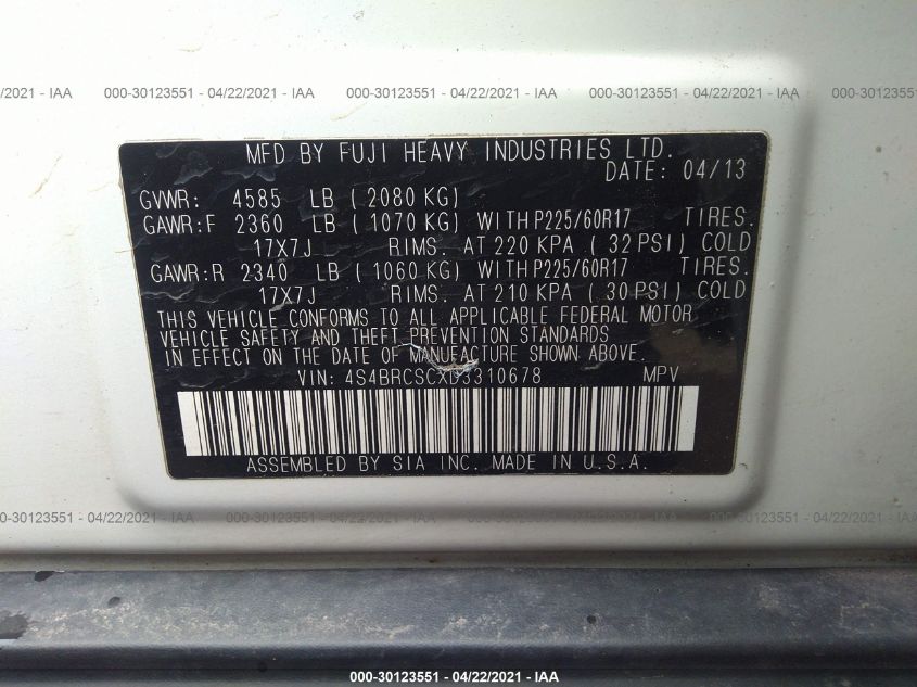 2013 SUBARU OUTBACK 2.5I LIMITED 4S4BRCSCXD3310678