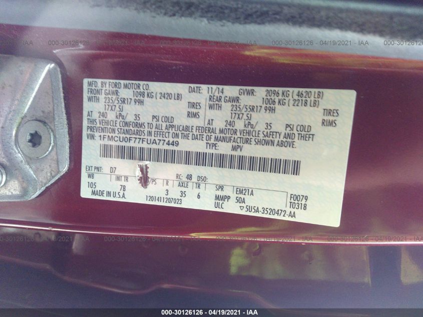 2015 FORD ESCAPE S 1FMCU0F77FUA77449