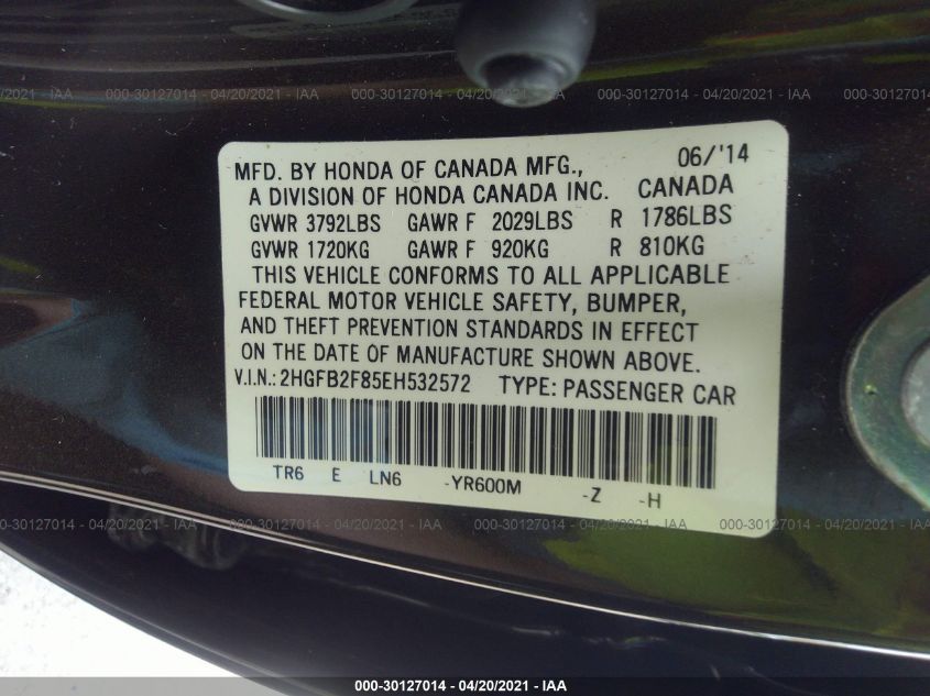 2014 HONDA CIVIC SEDAN EX 2HGFB2F85EH532572