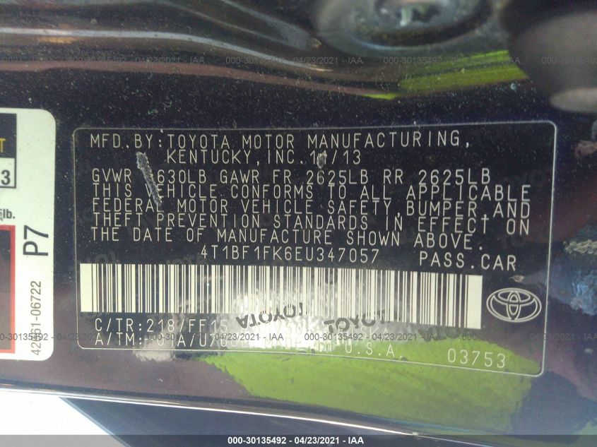 2014 TOYOTA CAMRY L/LE/XLE/SE/SE SPORT 4T1BF1FK6EU347057