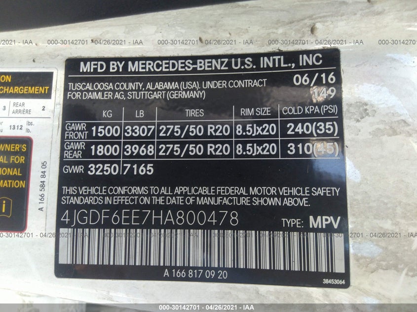 VIN 4JGDF6EE7HA800478 2017 MERCEDES-BENZ GLS GLS 450