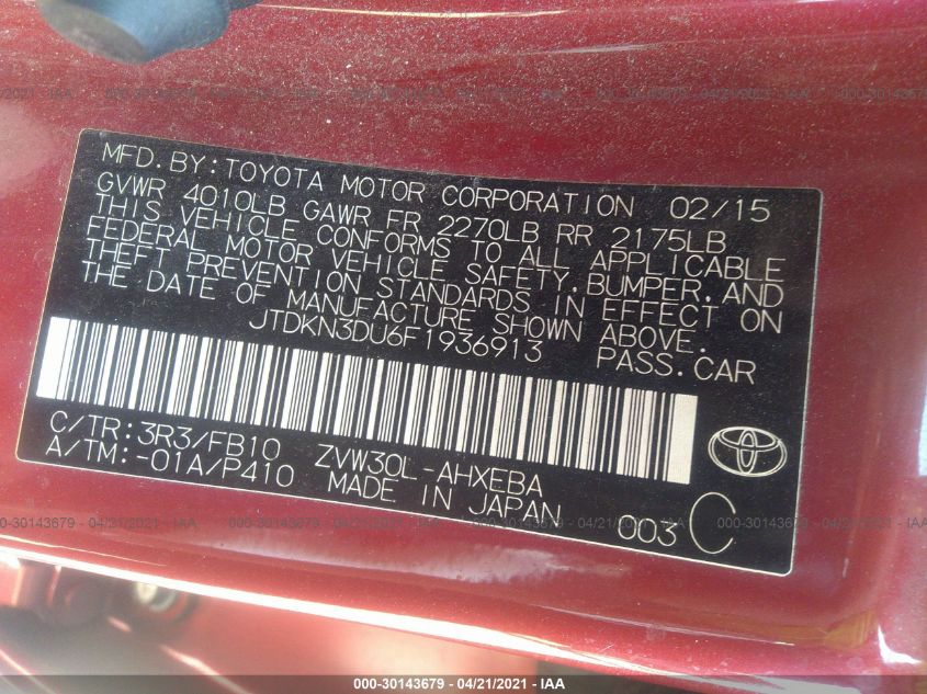 2015 TOYOTA PRIUS FOUR JTDKN3DU6F1936913