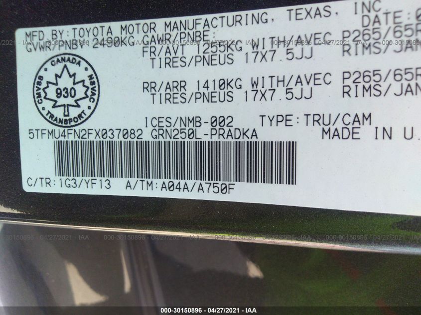 2015 TOYOTA TACOMA 5TFMU4FN2FX037082