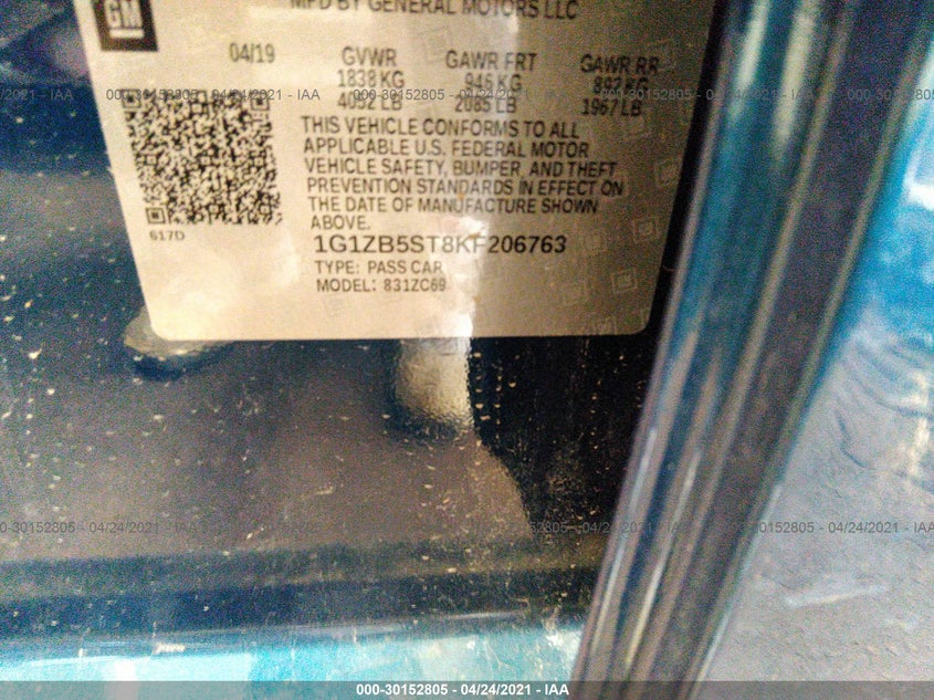 VIN 1G1ZB5ST8KF206763 2019 CHEVROLET MALIBU LS