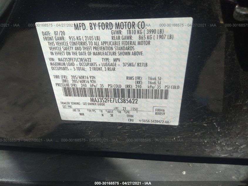 2020 FORD ECOSPORT S MAJ3S2FE7LC385622