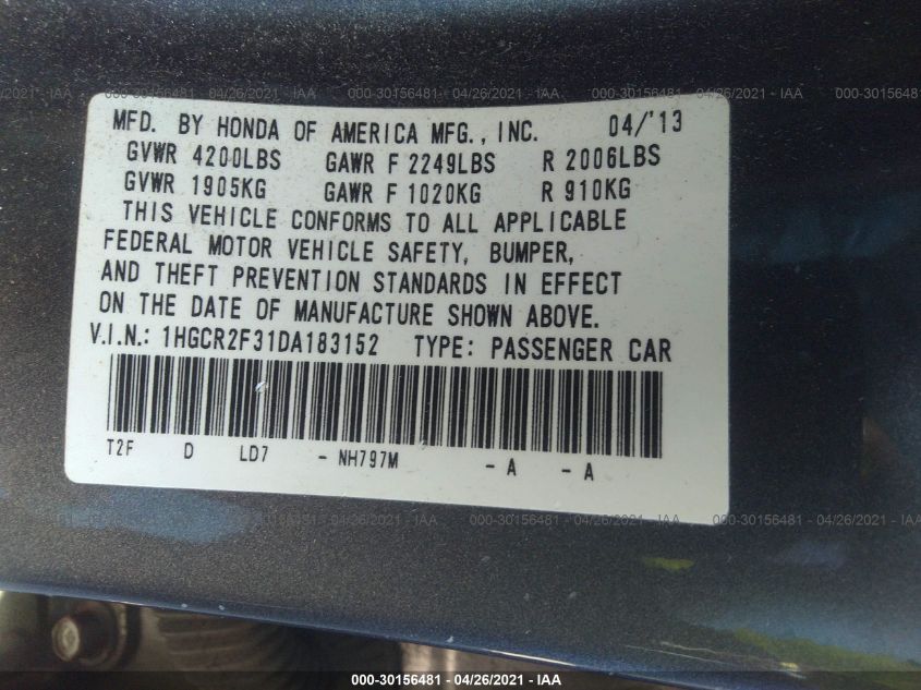 2013 HONDA ACCORD SDN LX 1HGCR2F31DA183152